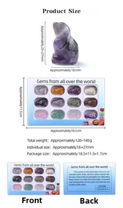 Detailed views of 12 carved crystal birds in gift packaging with dimensions and specs