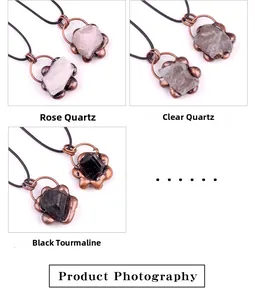 Detail of natural rose quartz, white crystal and black tourmaline pendant charms
