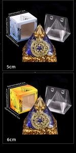 Macro detail of orgone pyramid with blue crushed stone, gold foil and size chart labels