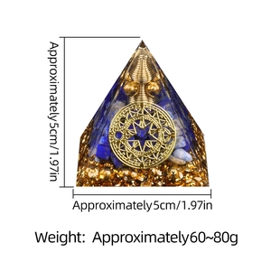 Handmade 5cm energy pyramid with blue stones gold foil and sacred geometry coil