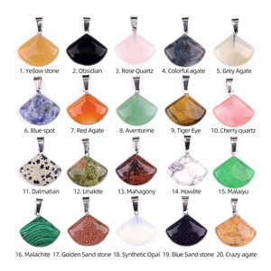 Grid of 20 fan-shaped gemstone pendants in diverse natural stones with silver bails