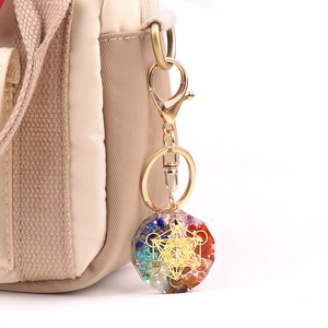 Portachiavi esagramma in cristallo sette chakra con cubo di Metatron su borsa di tela