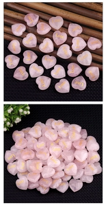 Macro shot of 25mm pink quartz heart stone with gold Love engraving for wedding gift