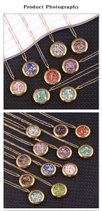 Close-up of stainless steel locket necklace filled with colorful natural crystal stones