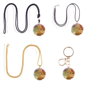 Pendentif en résine de pierres de cristal colorées avec géométrie Sri Yantra et chaîne