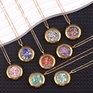 Stainless Steel Round Gau Box Pendant Necklace For Women Natural Crystal Agate Stone Chips Floating Locket Jewelry Gift
