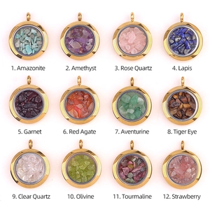 Twelve styles of golden stainless steel floating locket necklaces with natural crystal stones