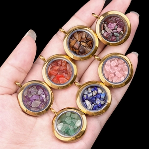 Golden stainless steel round pendant necklaces with colorful natural crystal stones
