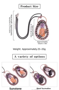 Vue détaillée des pendentifs en cristal naturel avec dimensions et fil de bronze antique