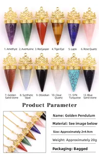 Macro view of crystal pendulum stone pendant with golden lotus engraving and lotus symbol