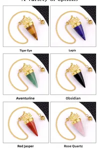 Detail view of six gemstone dowsing pendulums with golden lotus caps and metal chains