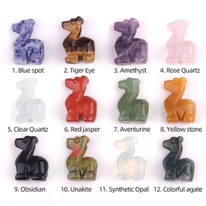 Set of 12 natural crystal deer figurines carved from tiger eye amethyst and quartz