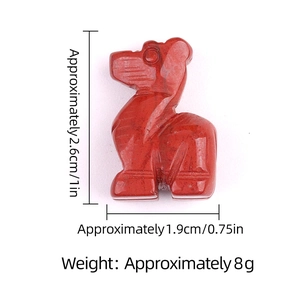 Miniature red gemstone puppy figurine with hand-carved natural stone texture and size specs