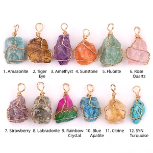 Variety set of 12 natural raw stone pendants with gold wire wrapping and top ring