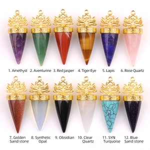 Natural crystal cone lotus pendants set in various gemstones with golden om charms