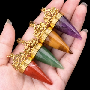 Natural crystal lotus Om pendant set in amethyst tiger eye aventurine and red jasper
