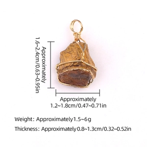Tiger eye raw stone pendant with gold wire wrapping and detailed dimension measurements