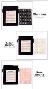 Three sets of natural rune stones in obsidian, rose and clear quartz with storage bags
