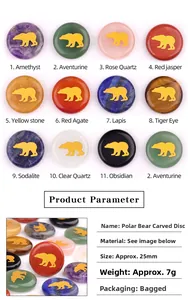 Detailed size and material chart of 25mm polar bear engraved natural crystal stone discs