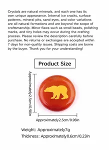 Detailed view of 25mm carnelian stone disc with golden bear engraving and dimensions