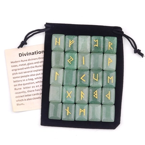 Green Aventurine Rune Stones set with gold engraving and black velvet drawstring pouch