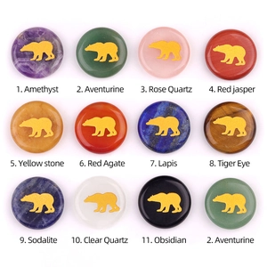 Natural Semiprecious Stone Bear Engraved Round Slice Healing Crystal Polished Agate Loose Gemstone For DIY Jewelry Making