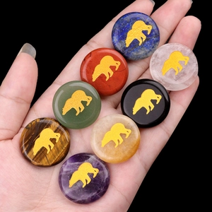 Set of 8 natural crystal agate stones with gold bear carvings for healing and decor