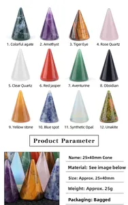 Macro display of 12 natural crystal cone ring holders with dimensions and material types