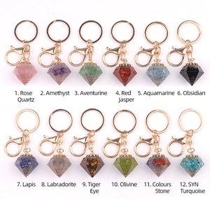 Natural Crystal Resin Diamond Shape Keychain Healing Stone Alloy Lobster Clasp Key Ring Charm Fashion Jewelry Gift