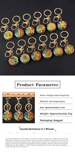 Detailed macro view of resin keychains featuring chakra crystals and sacred geometry symbols