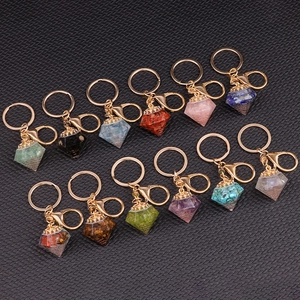 Set of 12 natural crystal stone diamond pendants with gold keychains in various colors