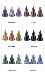 Selection of six natural crystal and agate cone-shaped gemstone ring holders shown in detail