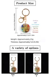 Size chart and detail view of a colorful resin flower keychain with natural crystals