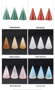 Detailed grid of polished natural gemstone cone ring holders in six various crystal types
