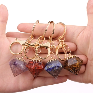 Natural crystal resin diamond keychain set with gold lobster clasp and spiral wire