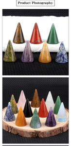 Various polished natural crystal and agate cone shapes for ring display and healing