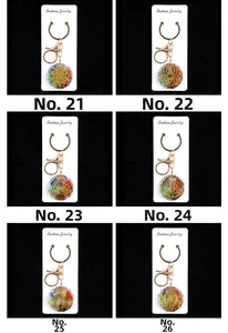 Detailed grid of resin flower keychains with 7 chakra crystals and gold sacred symbols