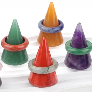 Natural Crystal Semi-Precious Stone Cone Ring Holder Geometric Jewelry Stand For Finger Ring Display Desktop Ornament Home Decor
