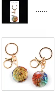 Detailed view of resin flower keychains with colorful crystals and golden om symbols