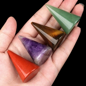 Cone-shaped natural crystal and agate rings stand set in assorted gemstone colors