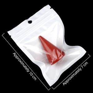 Red conical agate stone ring holder packaged in clear resealable poly bag with dimensions
