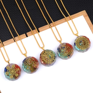 Orgonite Chakra Healing Crystal Pendant Necklace Resin Semi-precious Stone Chips Spiritual Symbol Gold Alloy Chain Women Men Jewelry