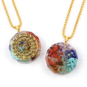 Octagonal resin energy pendant necklace with colorful natural stones and golden chain