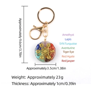 Metatron Cube resin keychain with seven chakra crystal chips on a white background