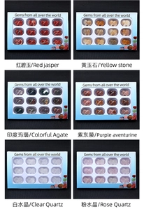 Matrix display of six types of carved semi-precious stone pigs in 12-piece blue box sets