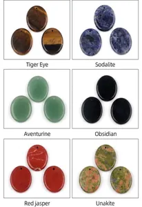 Macro shot of oval gemstone pendants in tiger eye, aventurine and obsidian with pre-drilled holes