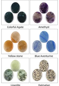 Macro view of assorted oval natural gemstone pendants including amethyst and agate