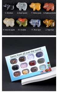 Macro view of assorted gemstone pig figurines with branded gift packaging box