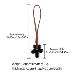Black crystal agate flower pendant necklace with adjustable brown cord and size details
