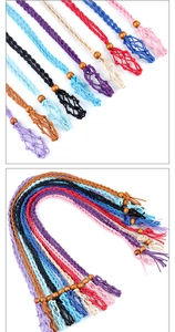 Close-up of handmade woven mesh pouch necklace cords with adjustable wooden beads